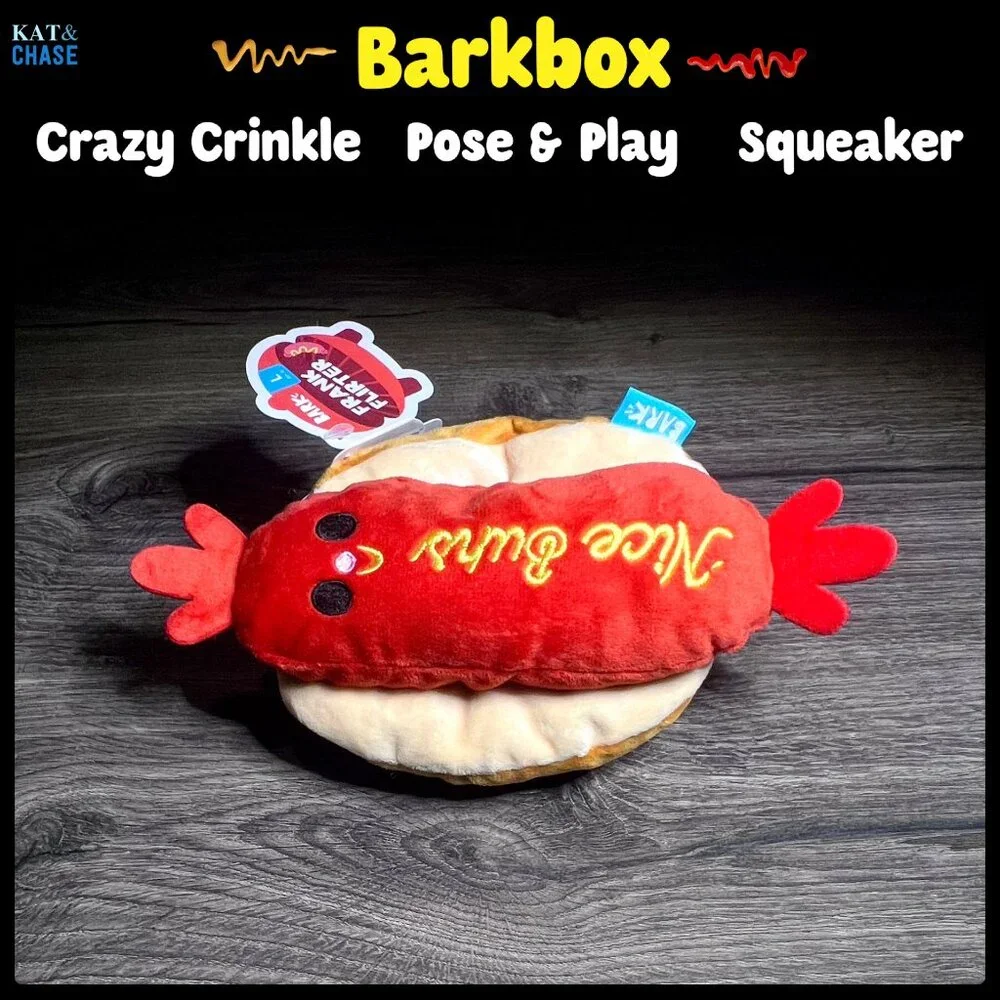 NWT Bark Box Frank Flirter L Dog Toy Large Barkyard BBQ Crinkle Squeak Hot Dog